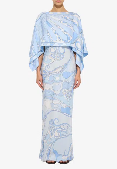 Pucci Orchidee And Soleil-print Silk Dress With Cape In Blue