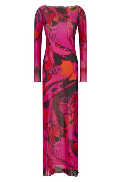 Pucci Orchidee-print Midi Dress In Orange
