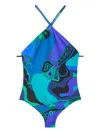 Pucci Orchidee-print Lycra Halter One-piece Swimsuit In Blue