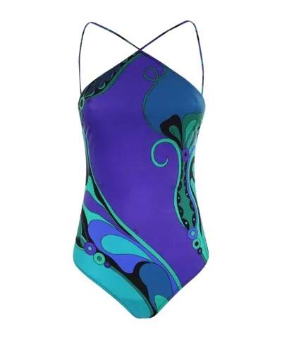 Pucci Orchidee Halterneck Swimsuit In Blue