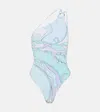 Pucci Orchidee One-shoulder Swimsuit In Turquoise