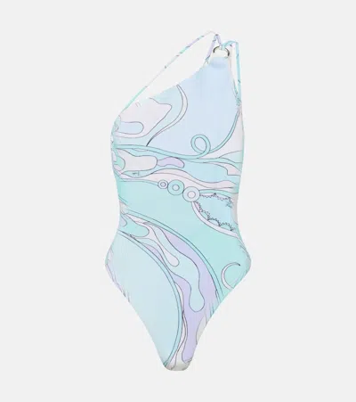 Pucci Orchidee One-shoulder Swimsuit In Turquoise