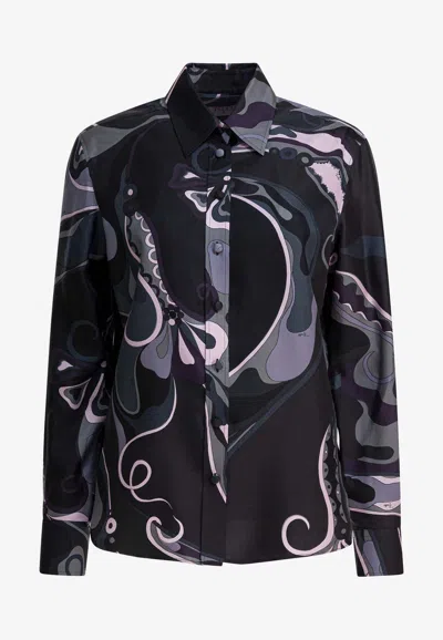 Pucci Orchidee Print Long-sleeved Silk Shirt In Multi