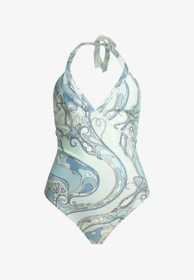 Pucci Orchidee Print One-piece Swimsuit In Blue