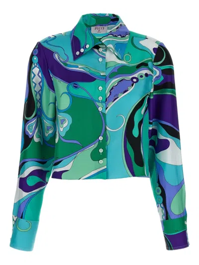 Pucci Orchid Print Collared Shirt With Cuffed Sleeves In Green
