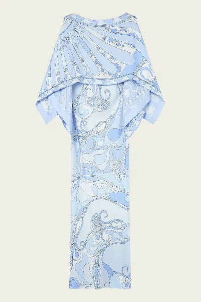 Pucci Orchidee-print Sleeveless Shrug Long Silk Dress In Pale Blue