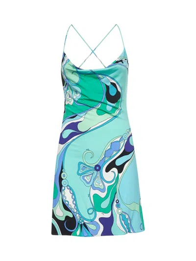 Pucci Draped Printed Stretch-jersey Mini Dress In Blue