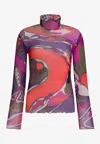 Pucci Orchidee Print Turtleneck Tulle Top In Animal Print
