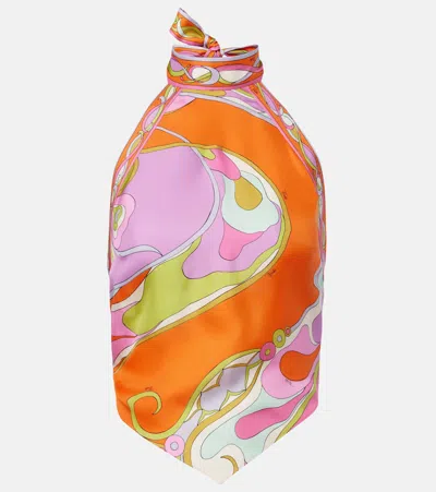 Pucci Orchidee Silk Twill Halterneck Top In Black