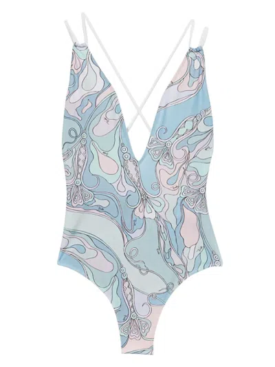 Pucci Orchidee Print Swimsuit In Blue