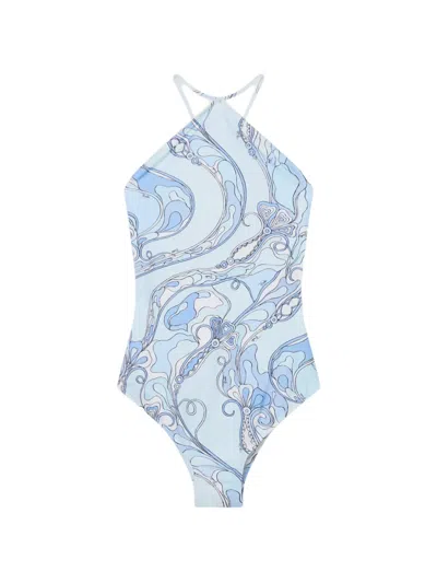 Pucci Orchidee-print Cross-strap Swimsuit In Blue