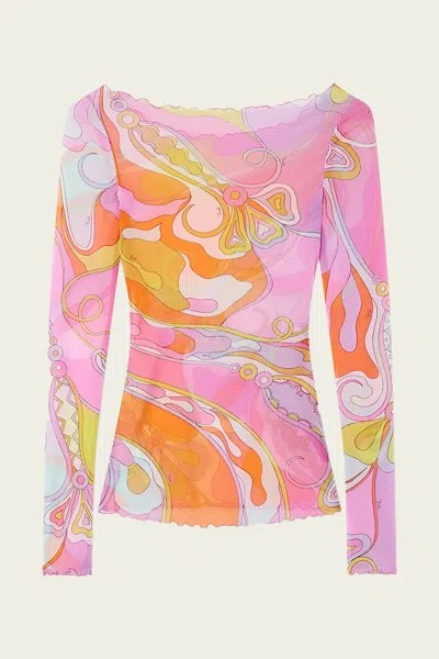 Pucci Orchidee-print Long-sleeve Tulle Top In Multicolor In Pink