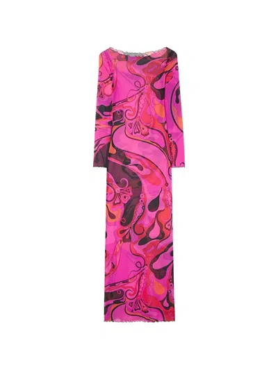 Pucci Orchidee-print Tulle Dress In Fuchsia Black In Pink