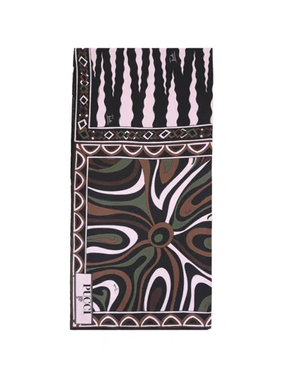 Pucci Patchwork Silk Twill Scarf In Brown