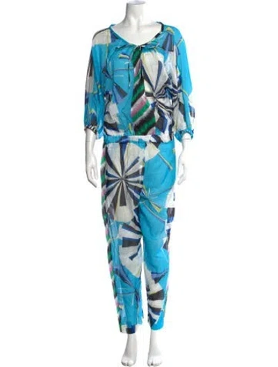 Pre-owned Pucci Patterned Tie Neck Jumpsuit In Blue