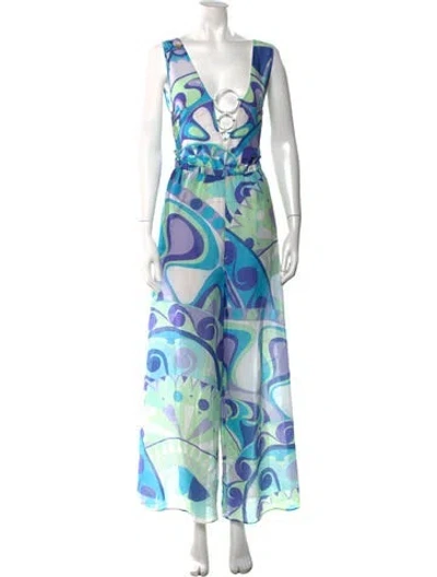 Pre-owned Pucci Patterned V-neck Jumpsuit In Blue