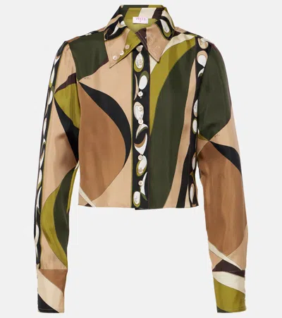 Pucci Pesci Cropped Silk Shirt In Brown