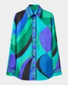 Pucci Pesci-print Silk Twill Button-down Blouse In Blue