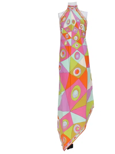 Pucci Pink Geometric Halter Neck Midi Dress In Multi