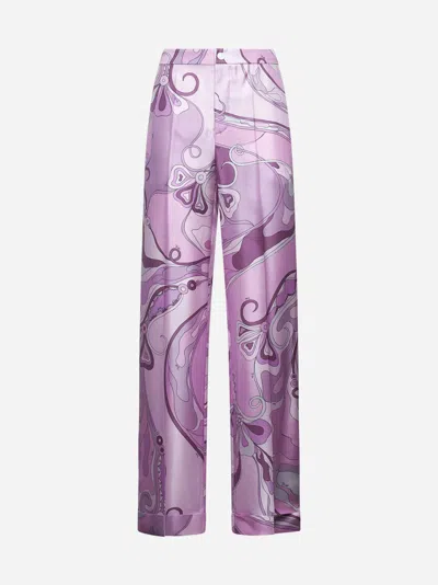 Pucci Orchidee Silk Twill Wide-leg Pants In Purple