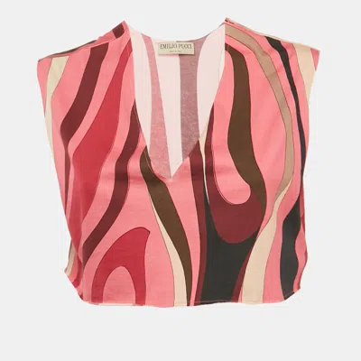 Pre-owned Pucci Pink Printed Jersey V-neck Crop Top M