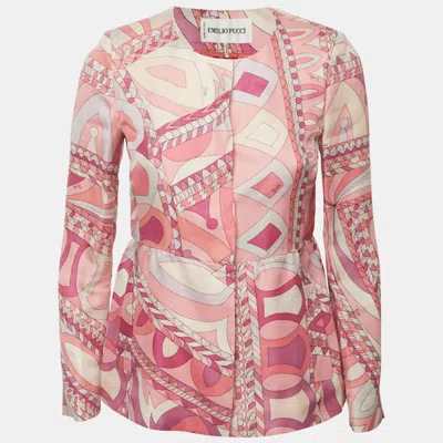 Pre-owned Pucci Pink Printed Silk Button Front Fitted Blazer S