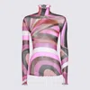Pucci Printed Sheer Long Sleeve Top In Fuxia/marrone