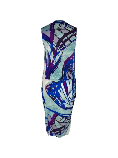 Pre-owned Pucci Printed Brooch-detail Midi Dress In Blue