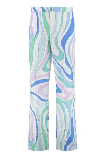 Pucci Printed Cotton Trousers In Blue
