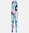 Pucci Shiny Lycra Long Jumpsuit In Celeste/bianco