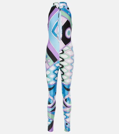 Pucci Printed Cutout Catsuit In Celeste/bianco