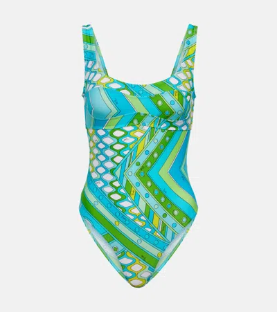 Pucci Printed Cutout Swimsuit In Turchese/lime