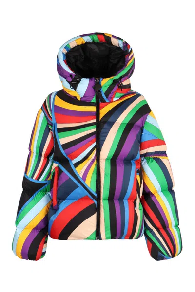 Pucci Printed Down Jacket In Viola/rosso