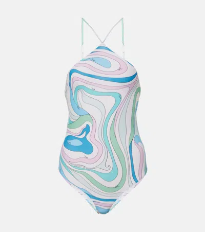Pucci Printed Halterneck Swimsuit In Blue
