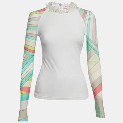 Pre-owned Pucci Printed Jersey Embellished Neck Top S In White