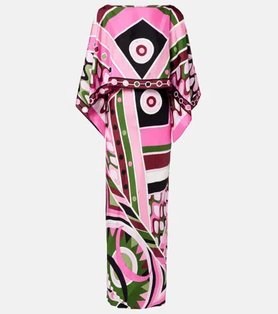 Pucci Printed Layered Silk Satin Maxi Dress In Pink