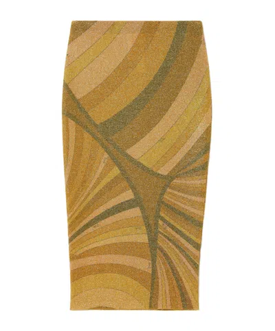 Pucci Printed Metallic Jersey Midi Skirt In Gold