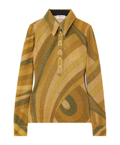 Pucci Printed Metallic Jersey Polo Shirt In White