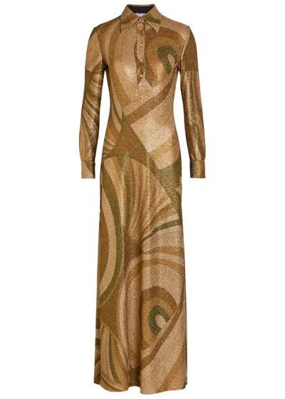 Pucci Printed Metallic-jersey Maxi Shirt Dress In Brown