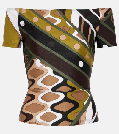 Pucci Printed Off-shoulder Crop Top In Green