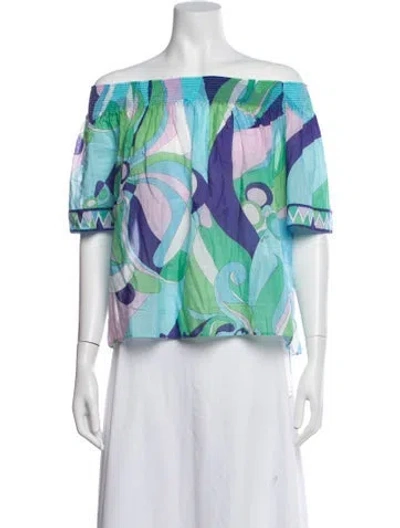 Pre-owned Pucci Printed Off-the-shoulder Top In Blue