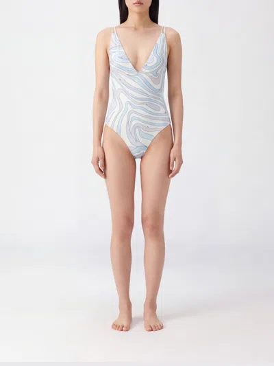 Pucci Printed One-piece Swimsuit With Deep V-neck In Blue