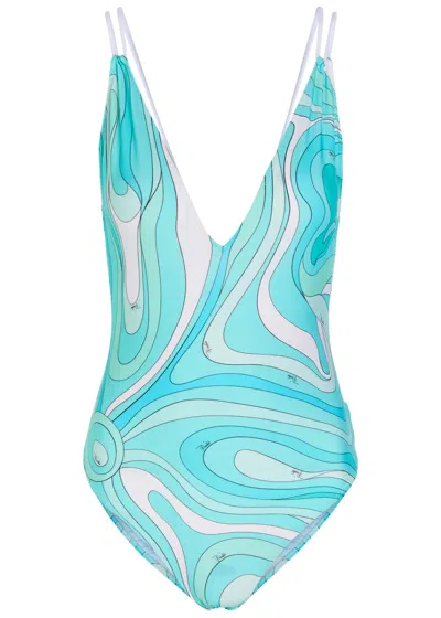 Pucci Printed Plunge V-neck Swimsuit In Blue