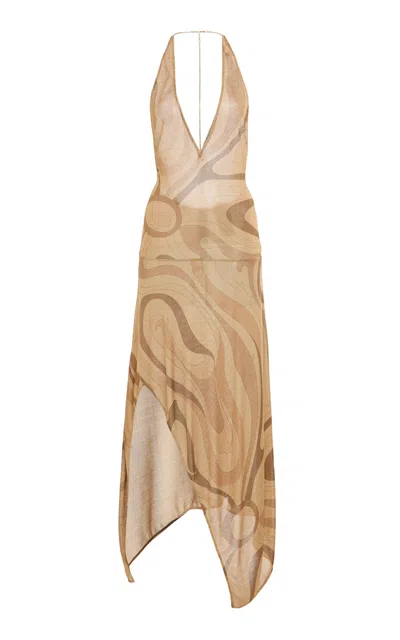 Pucci Printed Semi-sheer Jersey Maxi Dress In Brown