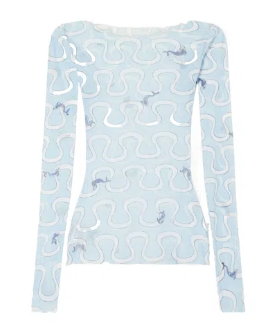 Pucci Printed Sheer Tulle Top In Blue