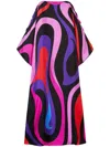 Pucci Abstract Print Silk Caftan Dress With Boat Neck And Long Sleeves In Violet