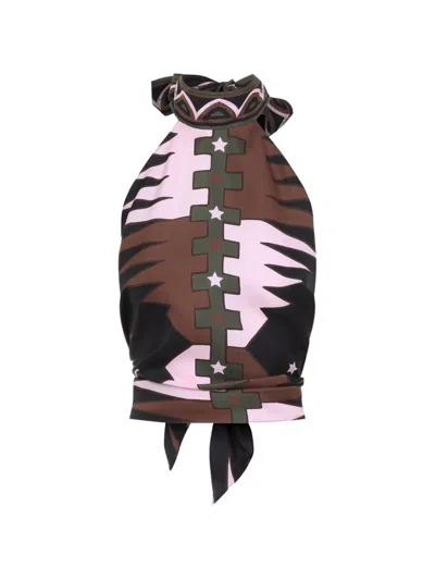 Pucci Silk Printed Sleeveless Halterneck Beach Top In Brown
