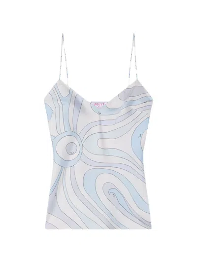 Pucci Printed Silk Tank Top In Blue