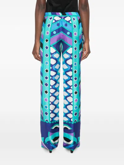 Pucci Printed Silk Trousers In Blue