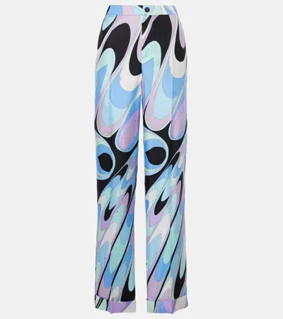 Pucci Printed Silk Twill Wide-leg Pants In Blue